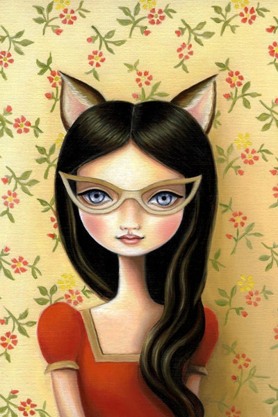 Art Print Cateye glasses poster Cat girl - Library Masquerade 13x19 LARGE print on somerset velvet - little bandit by Marisol Spoon