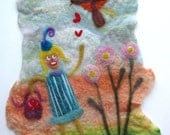 Blonde Lady Feeding Birds Love and Hearts by the Pink Daisies OOAK Felted Painting