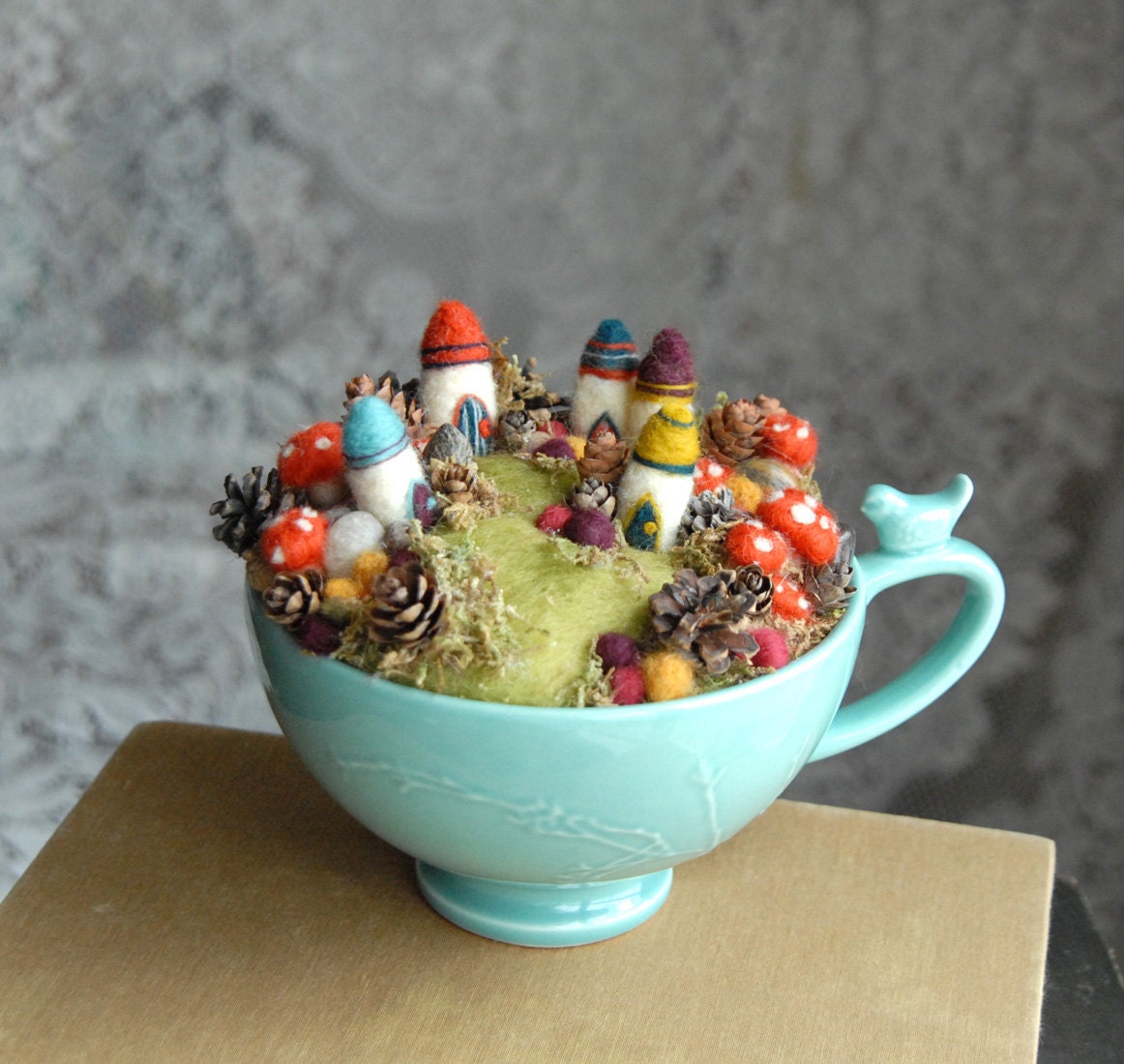 Tiny Fairy Houses and Village, Waldorf Fairy Garden in a Cup, Needle Felted