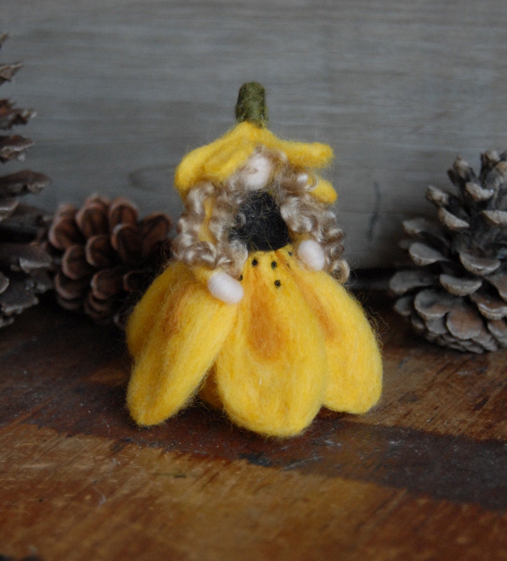 Sunflower Doll, Black Eyed Susan Flower Doll, Waldorf Doll, Needle Felted Doll