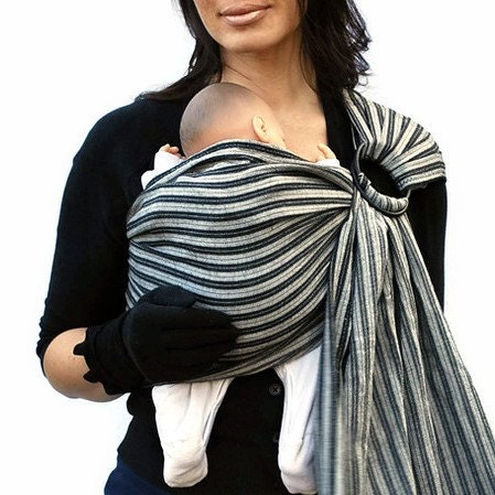 Baby Carrier Ring Sling Tencel Black and Gray Striped Pleated - Ready to ship in Standard or Petite only