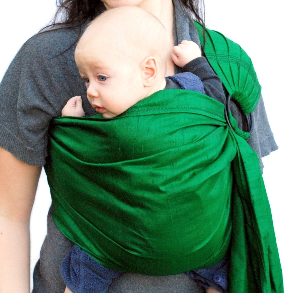 Baby Carrier Ring Sling Silk Dupioni Emerald Green Pleated - Ready to Ship in Any Length