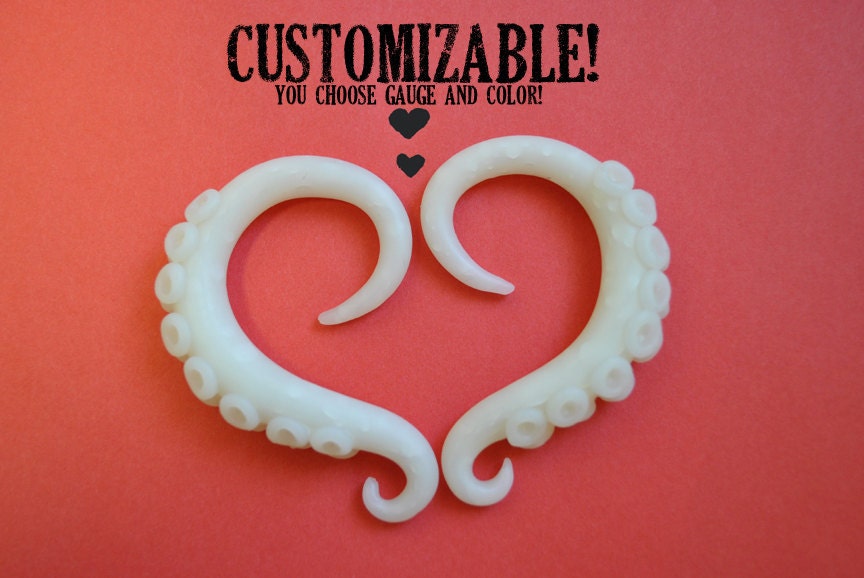 Octopus Tentacle Polymer Clay Gauged Earrings 2g, 0g, 00g, 7/16", 1/2"