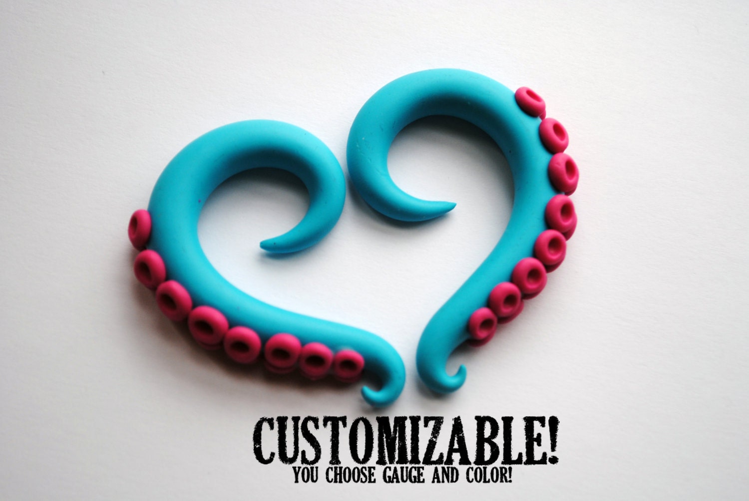 Octopus Tentacle Gauged Earrings in Turquoise and Raspberry 2g, 0g, 00g, 7/16", 1/2"