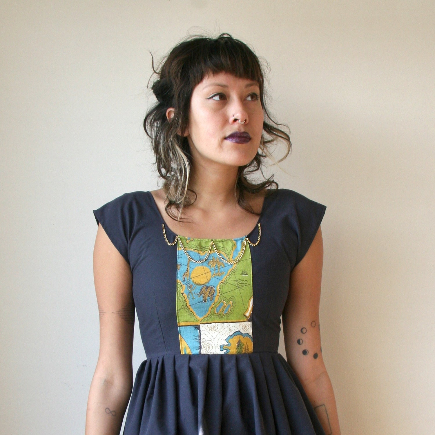 Treasure Map Mini Dress With Chain Collar Sz XS S M L