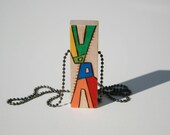 Unique Upcycled Wood Pendant - Colorful Abstract Design - Chunky - Woodburned Art - Modern Unisex Jewelry