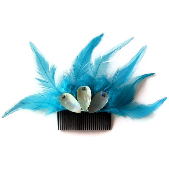 Feathery Hair Fascinator Turquoise Blue Comb Flower Charm. Handmade. OOAK. Unique