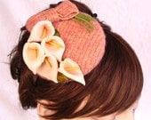 Peach Cocktail Hat Hair Fascinator with Calla Lilly Flowers. Handmade and Unique Item