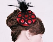 Red Cocktail Hat, Bridal Pill Box Hat, Payotee, Tufted Feather, Unique Item. Handmade