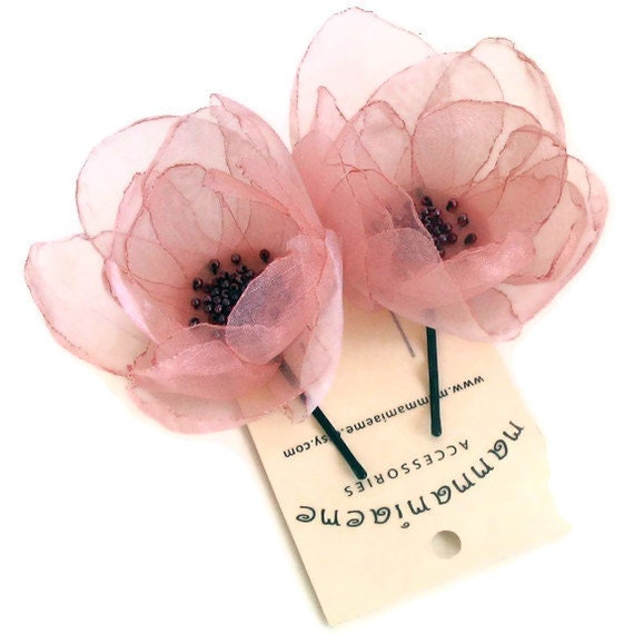 Pink bridal bobby hair pin, organza flower fascinator, peach pink tulle head piece, set of two, handmade, customizable bridesmaids gifts