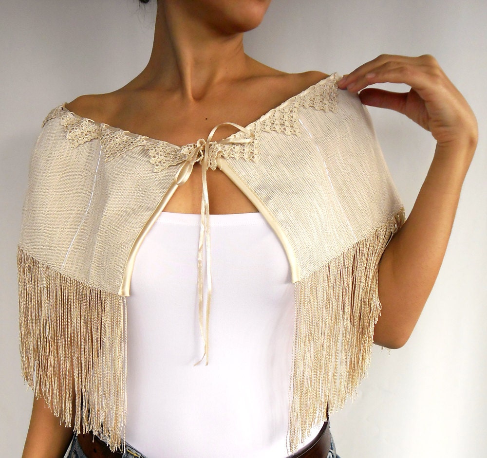 Fringed Bridal Shrug Capelet Accented with Handmade Dantelle Lace in Beige Cream Color. Handmade.