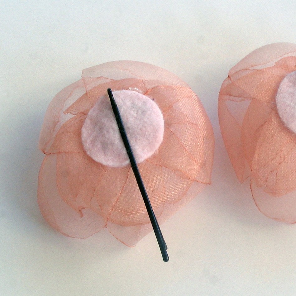 Pink bridal bobby hair pin, organza flower fascinator, peach pink tulle head piece, set of two, handmade, customizable bridesmaids gifts