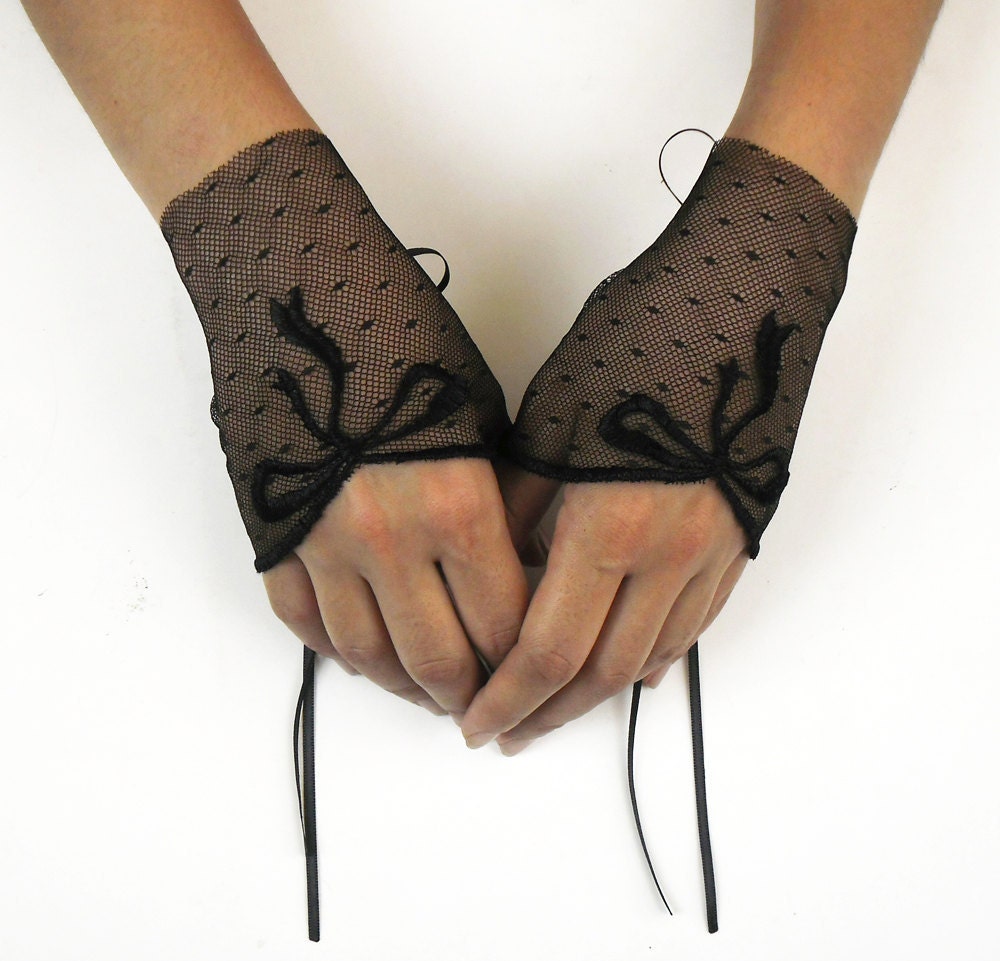 Black Fingerless Gloves Made of Light Stretcy Tulle: Ribbon Accented. Handmade