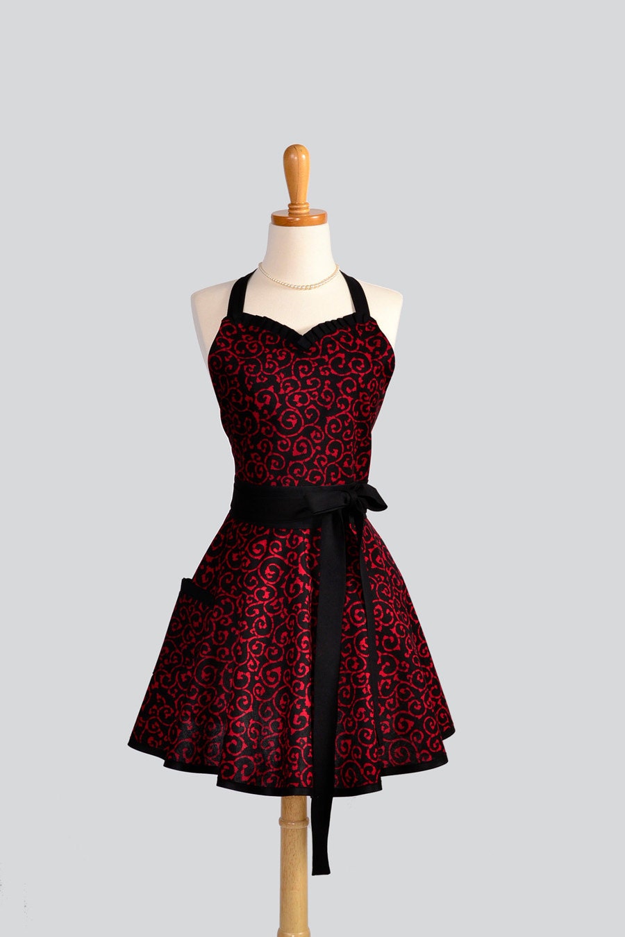 Womens Sweetheart Hostess Apron , Sexy Retro Ruffled Sweetheart Red Scroll on Black Background