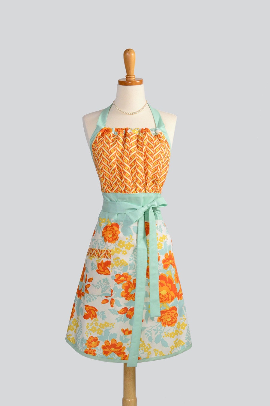 Cute Kitsch Apron / Womens Handmade Full Apron with Retro Appeal in Aqua Orange and Oyster White Floral
