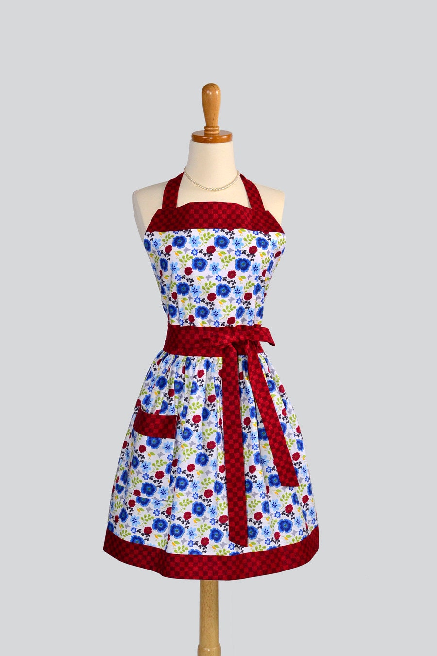 Womens Bib FullApron : Full Kitchen Apron in Floral White and  Blue Checkerboard Red Perfect for Monogram or Personalization