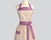 Womens Bib Full Apron : Full Kitchen Apron in Vintage Indigo Lavender Flowers with Creamy Background Perfect for Monogram or Persoalization
