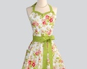 Sweetheart Retro Apron , Sexy Womens Apron in Spring Apple Blossom Green and Pink on White