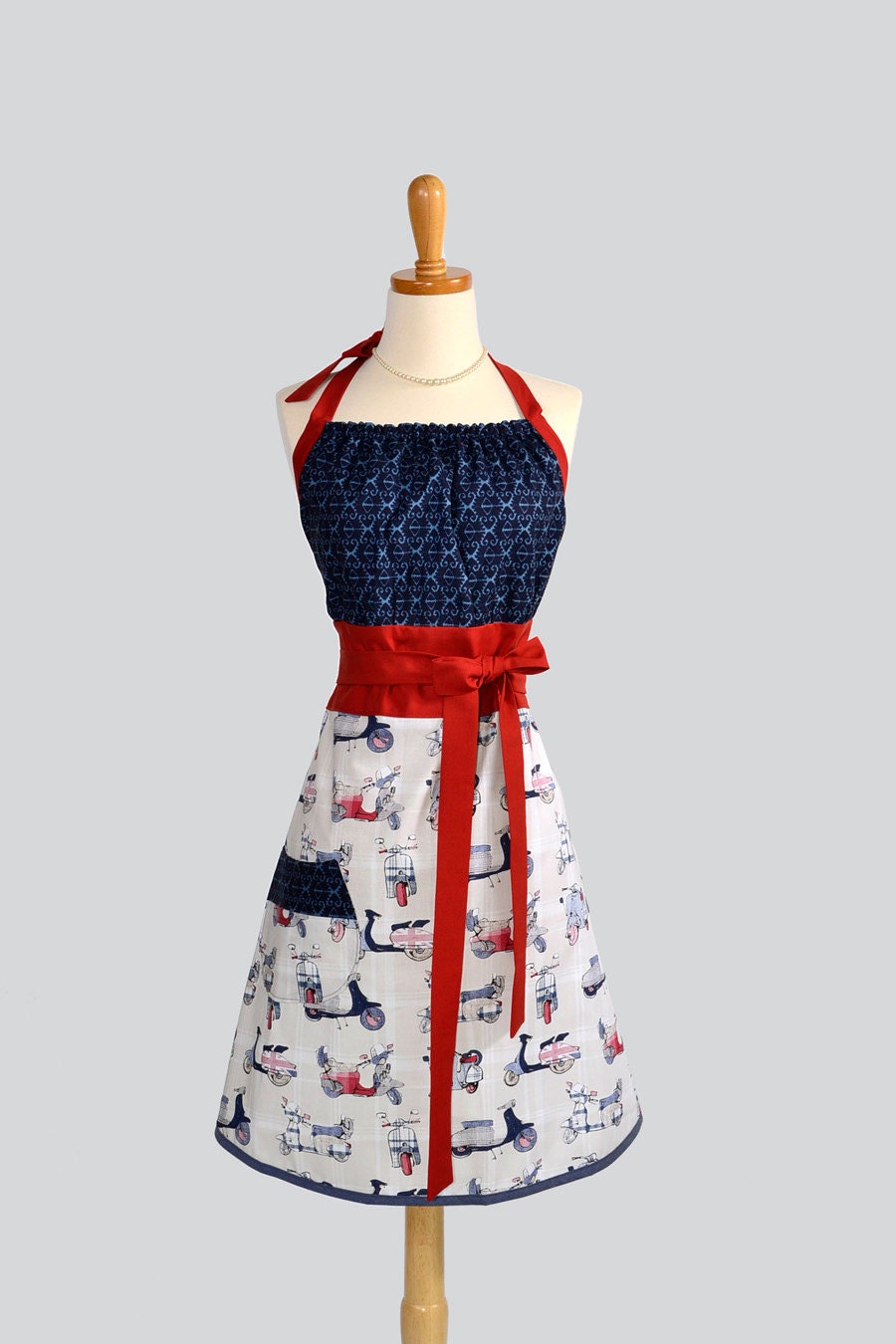 Cute Kitsch Retro Apron - Handmade Full Womens Apron in British Scooters and Vespa in Indigo Blue Ikat with Red Trim
