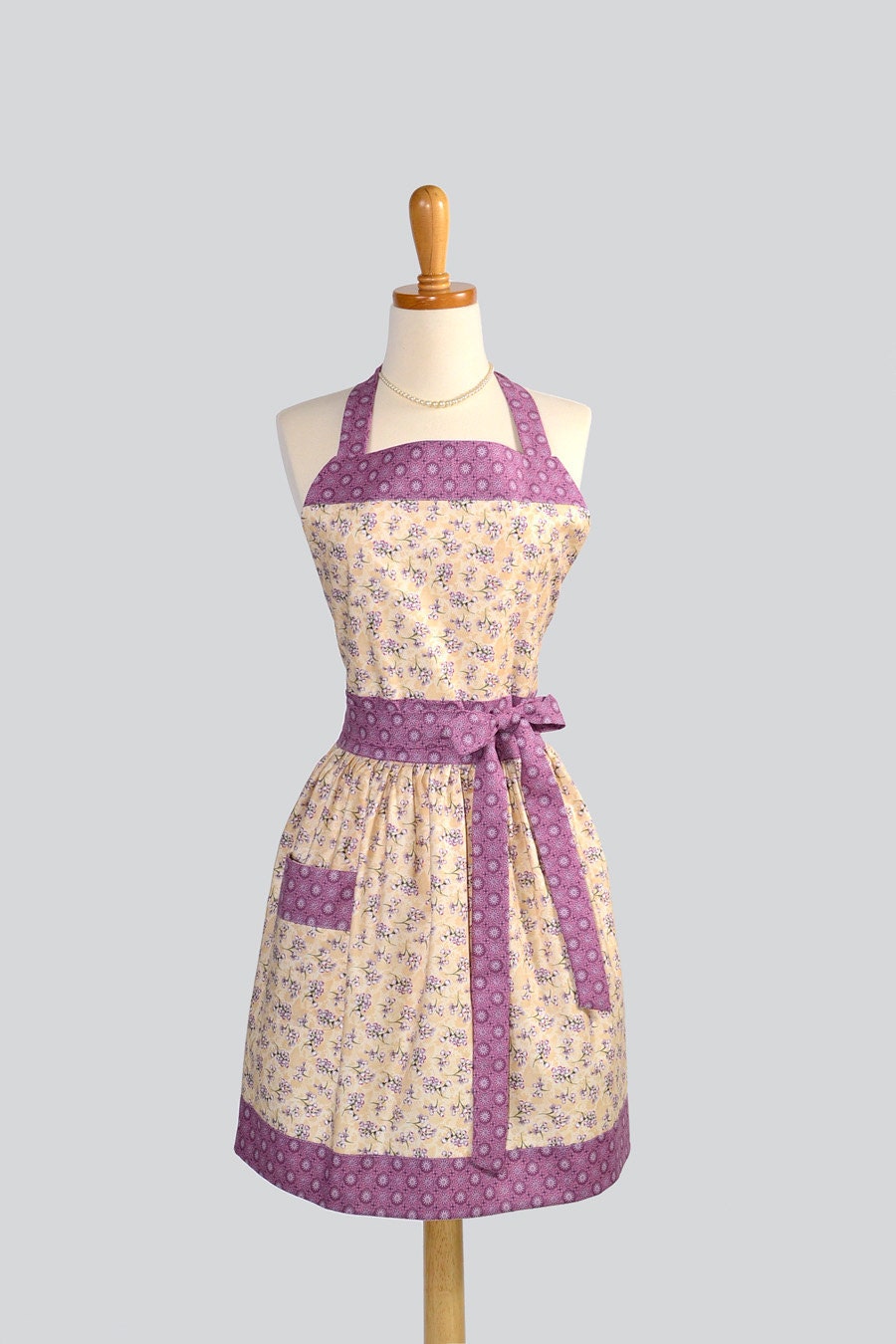 Womens Bib Full Apron : Full Kitchen Apron in Vintage Indigo Lavender Flowers with Creamy Background Perfect for Monogram or Persoalization