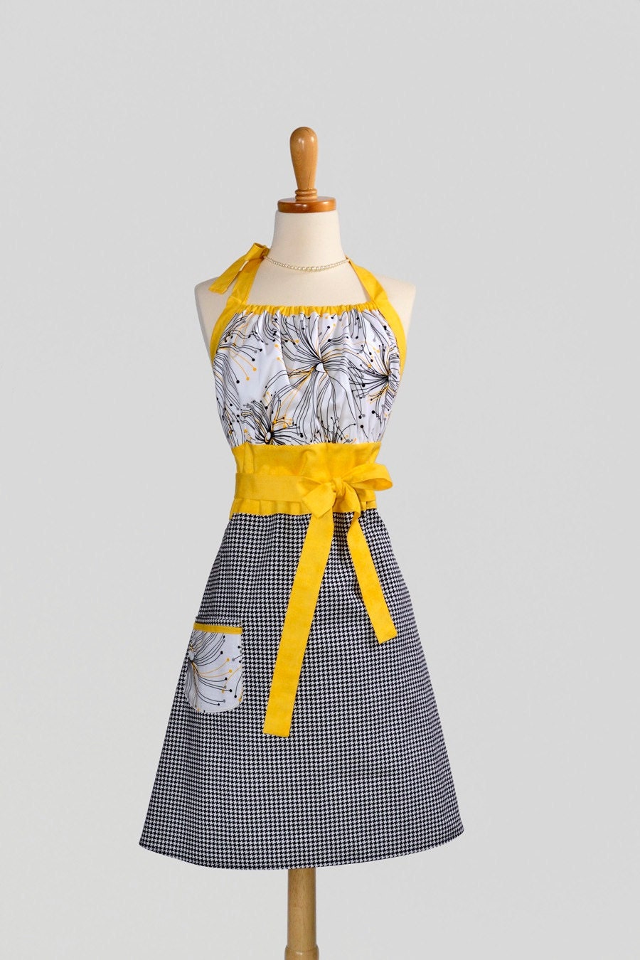 Cute Kitsch Apron . Michael Miller Black Houndstooth Skirt and Abstract Night & Day Yellow and Black Bodice