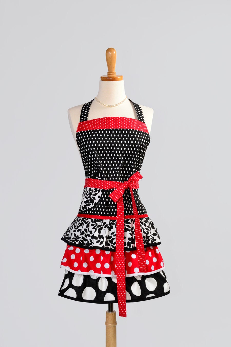 Ruffled Retro Apron / Cute Flirty Retro Womens Apron in Modern Kitsch Red Black White Dots