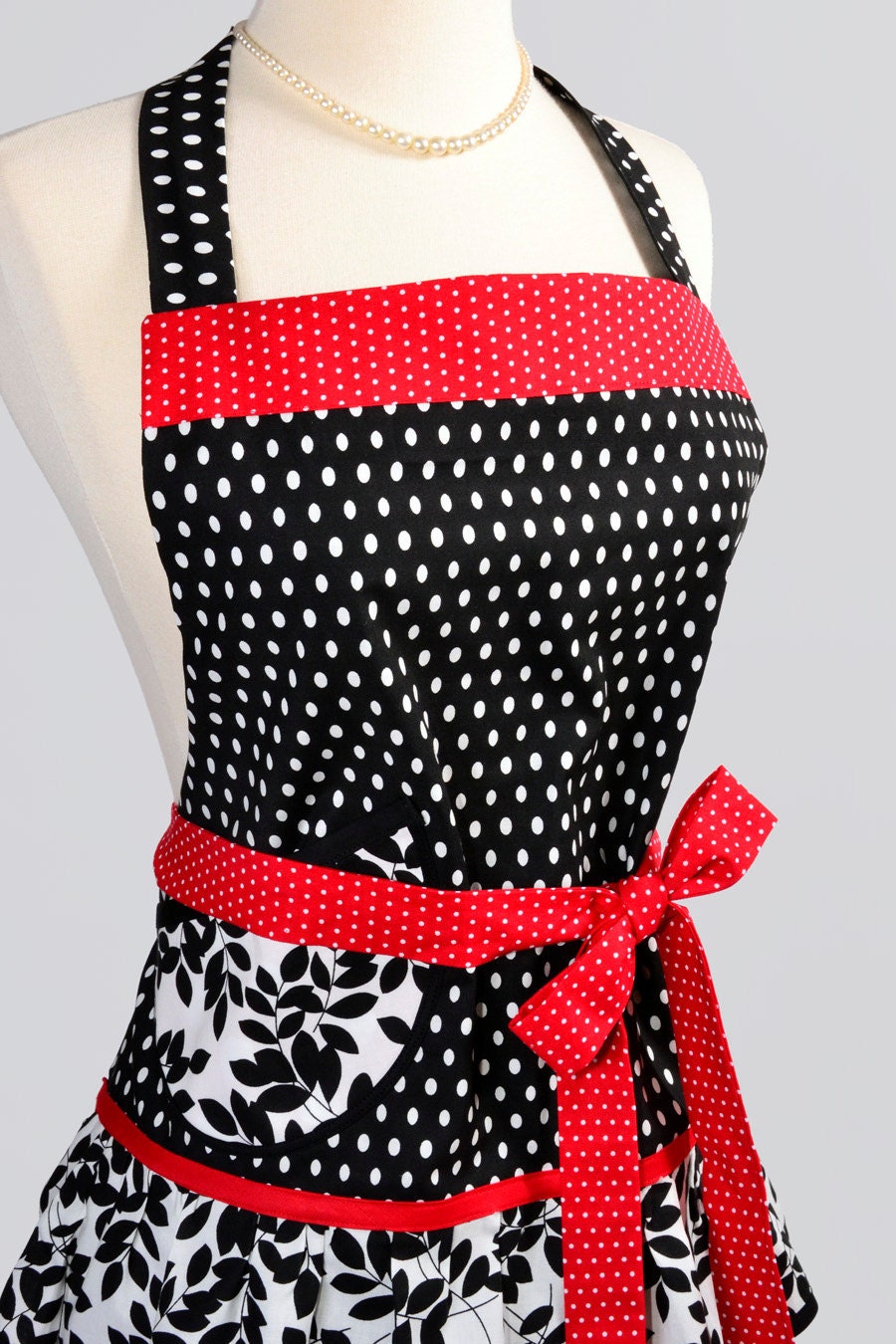 Ruffled Retro Apron / Cute Flirty Retro Womens Apron in Modern Kitsch Red Black White Dots