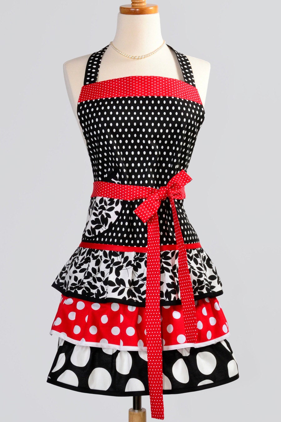 Ruffled Retro Apron / Cute Flirty Retro Womens Apron in Modern Kitsch Red Black White Dots