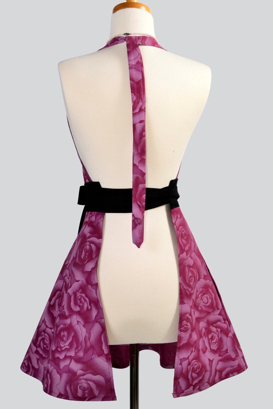 Sexy Womens Hostess Apron . Classy Halter Apron Beautiful Wine and Roses Trimmed in Black