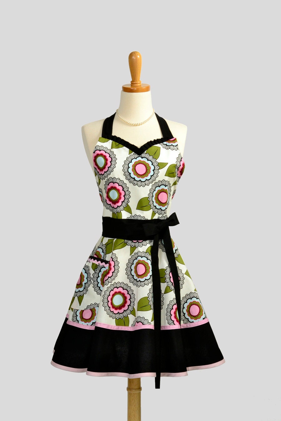 Womens Sweetheart Hostess Apron - Handmade Retro Ruffled Bold Pink and Black Floral
