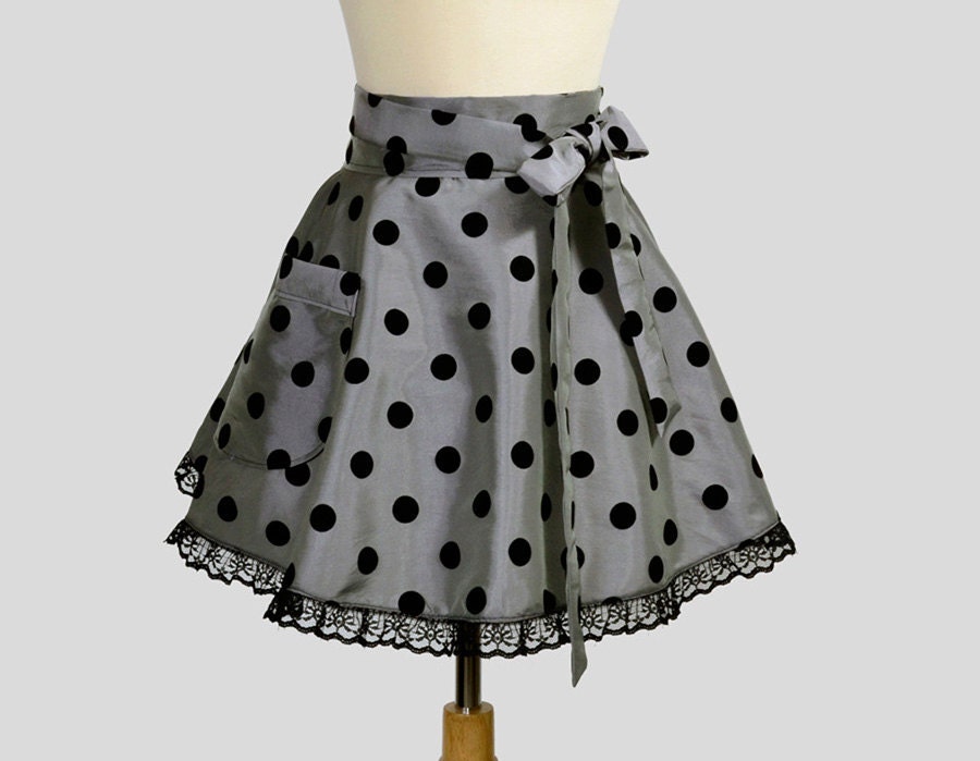 Waist Half Womens Apron - Glamour Hostess Handmade Elegant Charcoal Gray Taffeta with Flocked Black Polka Dots and Black Lace