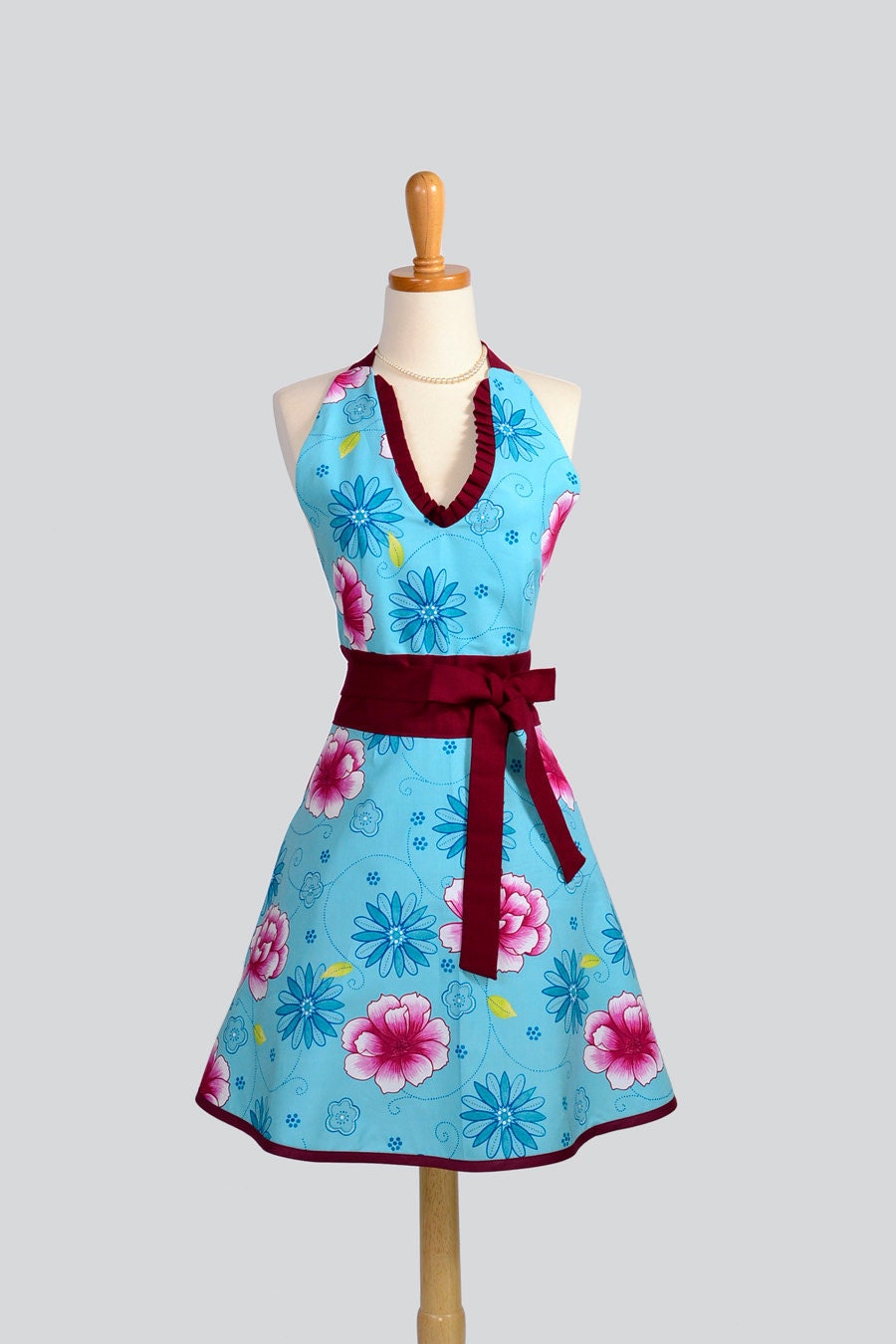 SALE 25% OFF Halter Womens Apron : Cute Handmade Full Bib Kitchen Apron in Aqua Blue and Burgundy Floral with Maroon trim