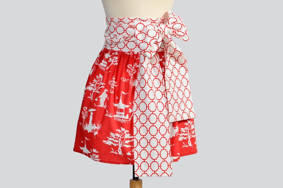 SALE 25% Off Waist Half Apron / Womens Apron has Asian Influce in Obi Design Using Organic Fabrics in Red and White