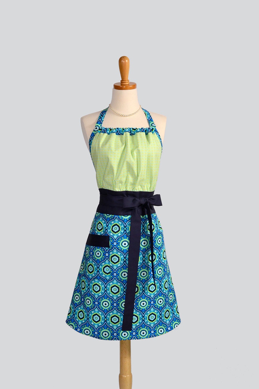 Cute Kitsch Retro Apron / Handmade Full Womens Apron in Lime Green Dots atop Amy Butler Turquoise Medallion Lark Fabric from Amy Butler