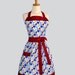 Womens Bib FullApron : Full Kitchen Apron in Floral White and Blue Checkerboard Red Perfect for Monogram or Personalization