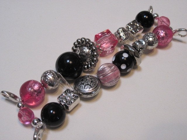 CHUNKY BLACK AND WHITE POLKA DOT, BLACK, AND PINK WITH SILVER ACCENT BEADS DOUBLE STRANDED INTERCHANGEABLE WATCH BAND