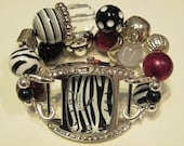 Marron, black and white with silver accent beads double stranded interchangeable watch band includes zebra watch face with rhinestones