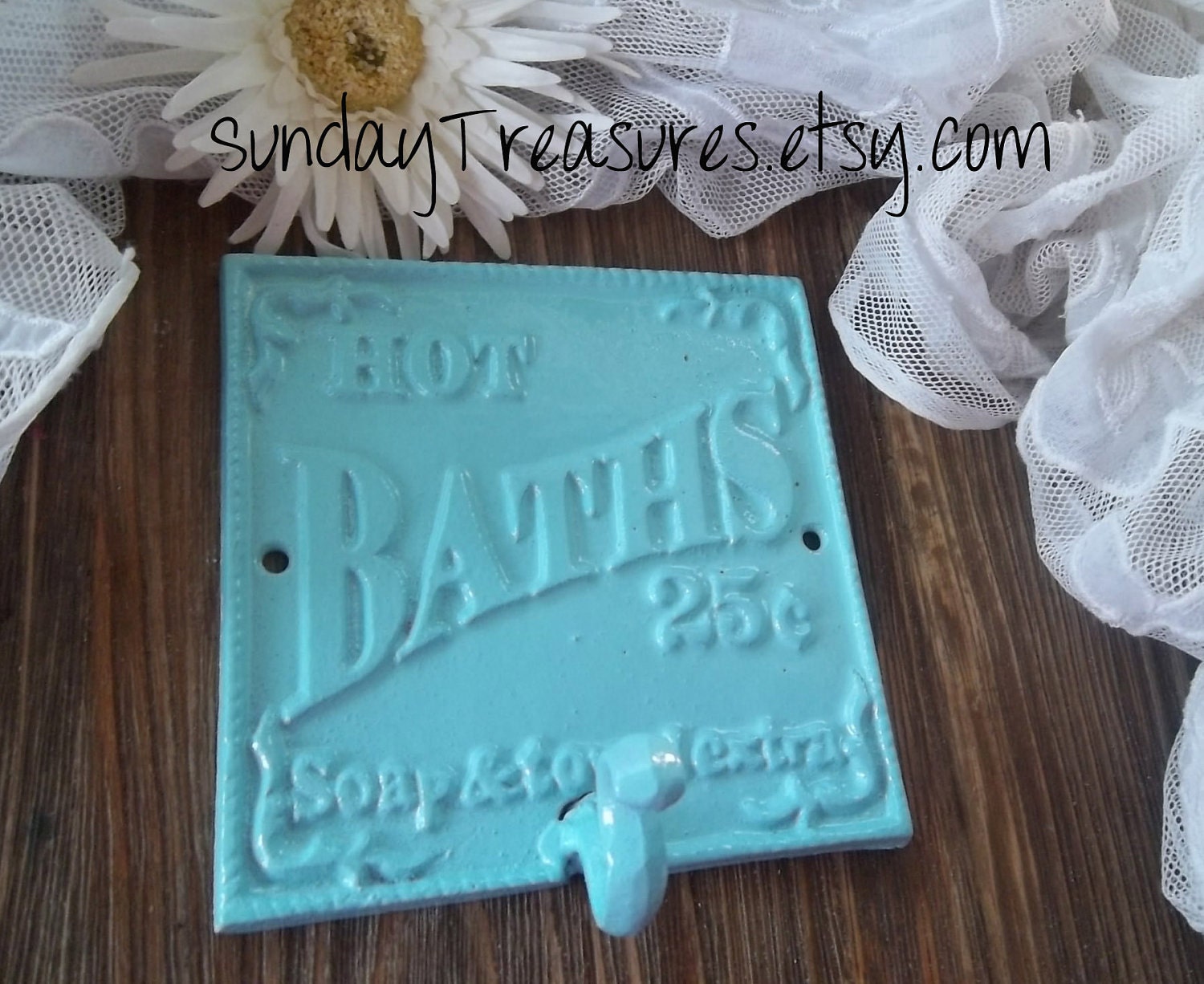 Turquoise Robins Egg Blue Hot BATHS Iron Wall Hook. Typography Sign. Shabby Retro Industrial. Cottage Chic. Paris Decor. Pick Color.