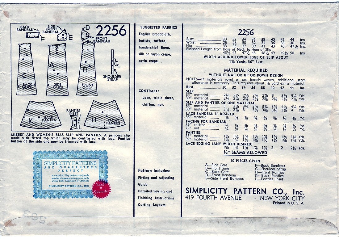 FREE SHIPPING Vintage 1937 Simplicity 2256 Sewing Pattern Misses', Women's Bias Slip and Panties Size 30 Bust 30