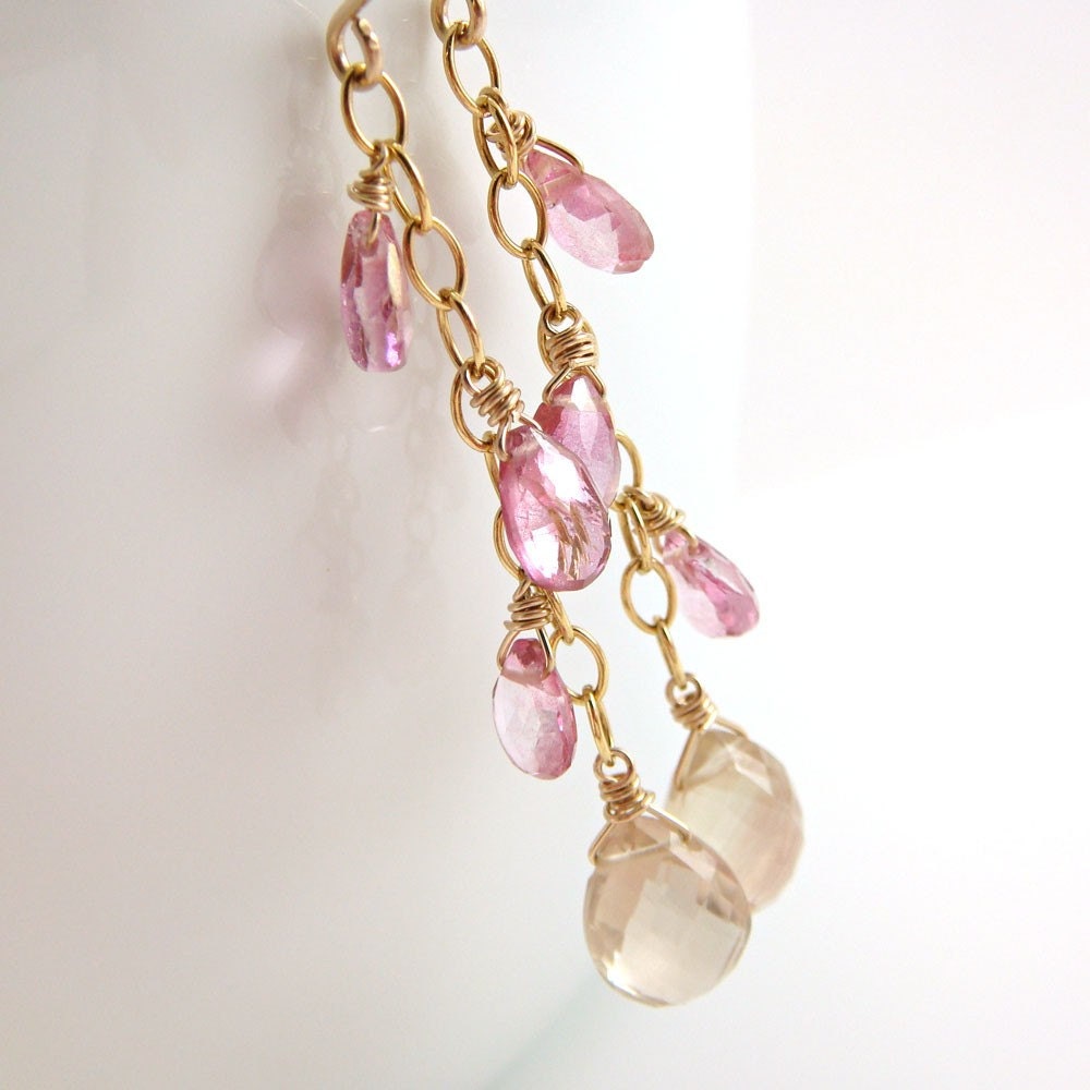Sunstone Pink Topaz Earrings 14k Gold Fill Gemstone Dangle Earrings Handmade