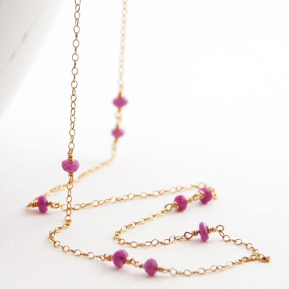 Pink Sapphire Gold Necklace, Wire Wrapped Gemstone Necklace, September Birthstone, Long Delicate, aubepine - aubepine