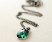 Emerald Green Quartz Necklace in Sterling Silver, Wire Wrap Pendant, Long Gemstone Necklace