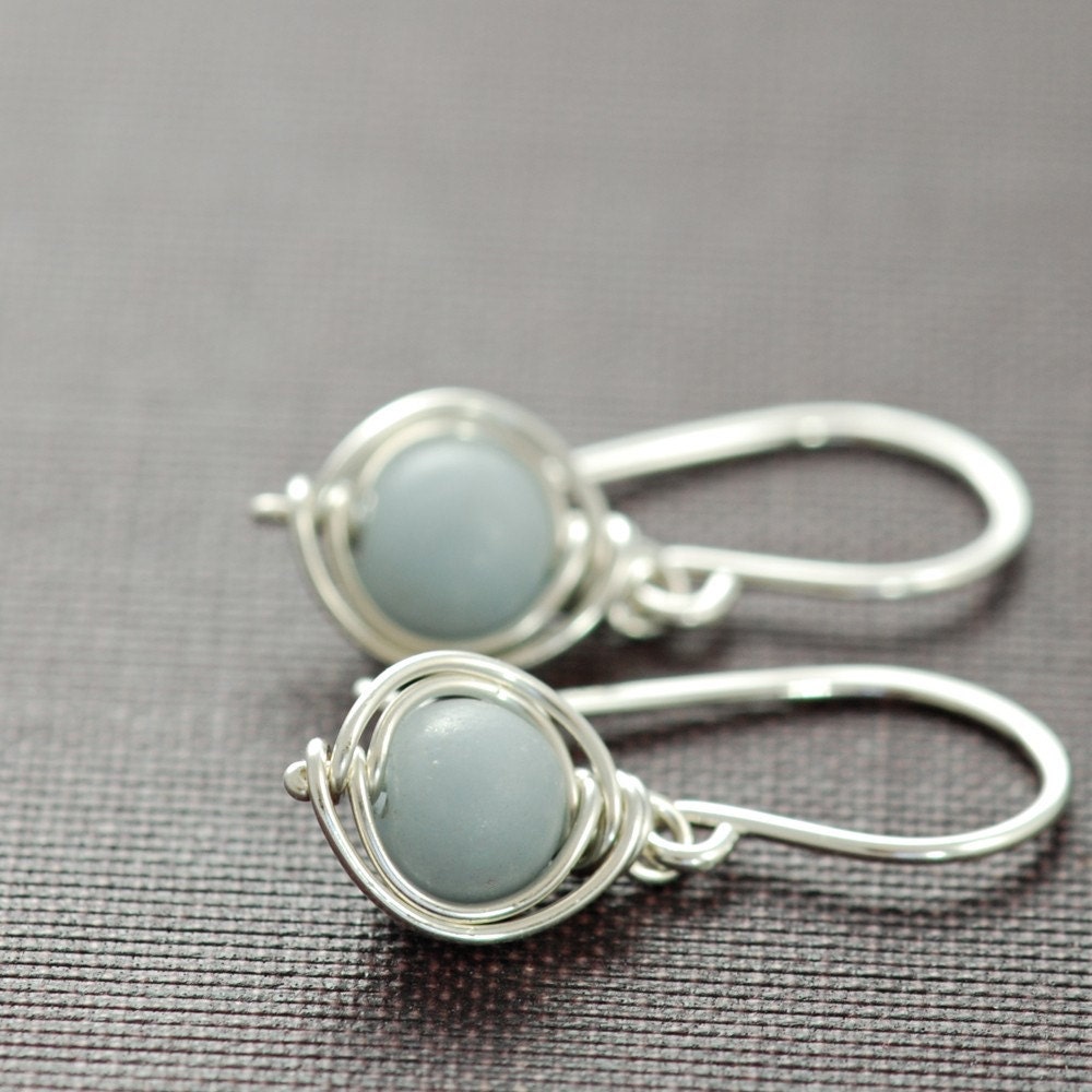 Gray Stone Earrings in Sterling Silver, Angelite Gemstone Wire Wrapped Handmade, aubepine - aubepine