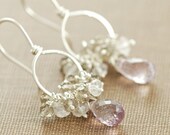 Earrings, Sterling Silver Pink Amethyst Gemstone Clusters Smoky Quartz Rose Quartz Hoops Handmade, aubepine