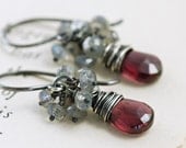 Garnet Earrings Sterling Silver, January Birthstone Jewelry, Red Gemstone Labradorite Cluster Earrings Handmade, aubepine