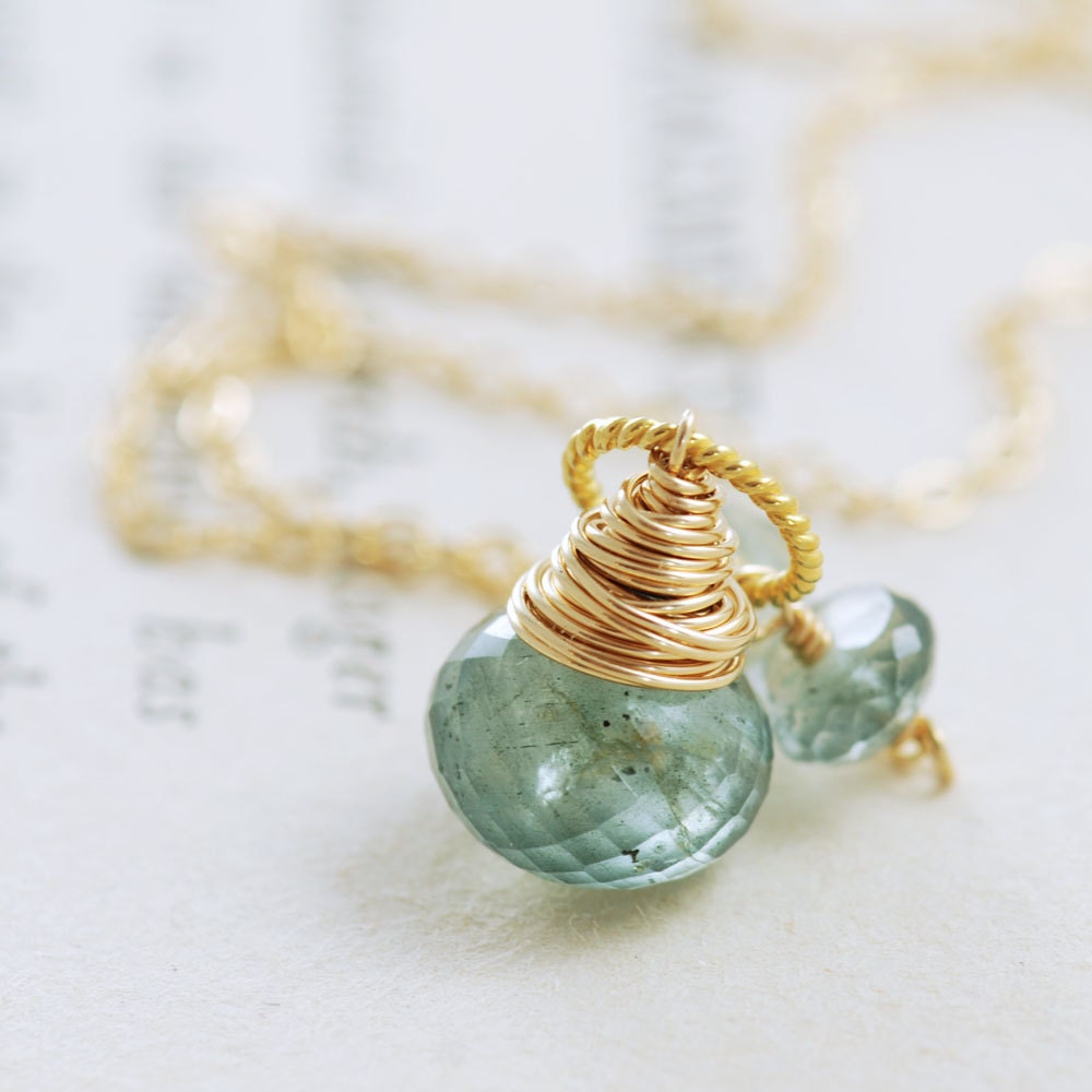 March Birthstone Jewelry Moss Aquamarine Necklace Wrapped in 14k Gold Fill, Teal Green Gemstone Pendant - aubepine