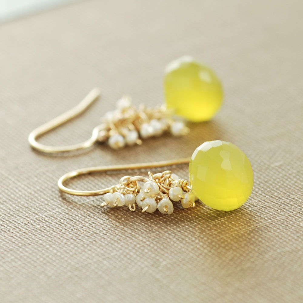 Yellow Gemstone Pearl Earrings, Gold Dangle Earrings, Lemon Meringue Pie, Seed Pearl Clusters - aubepine