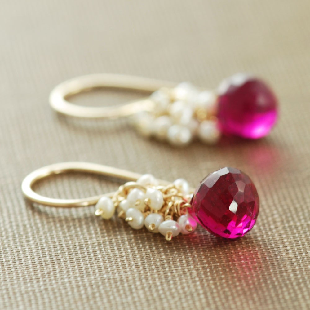 Raspberry Quartz Seed Pearl Earrings 14k Gold Fill, Wrapped Pink Gemstone Dangle Earrings, Handmade, aubepine