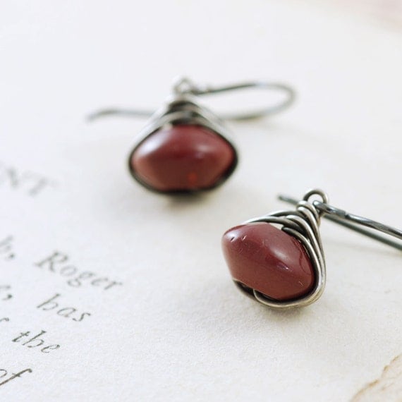 Red Oxblood Stone Earrings Sterling Silver, Mookaite Gemstone Earrings, Wire Wrap Handmade, aubepine