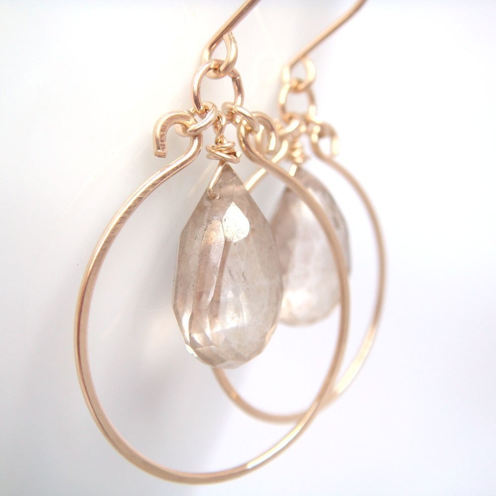 Gemstone Earrings, Champagne Quartz Chandelier 14k Gold Fill Handmade Hoops, aubepine